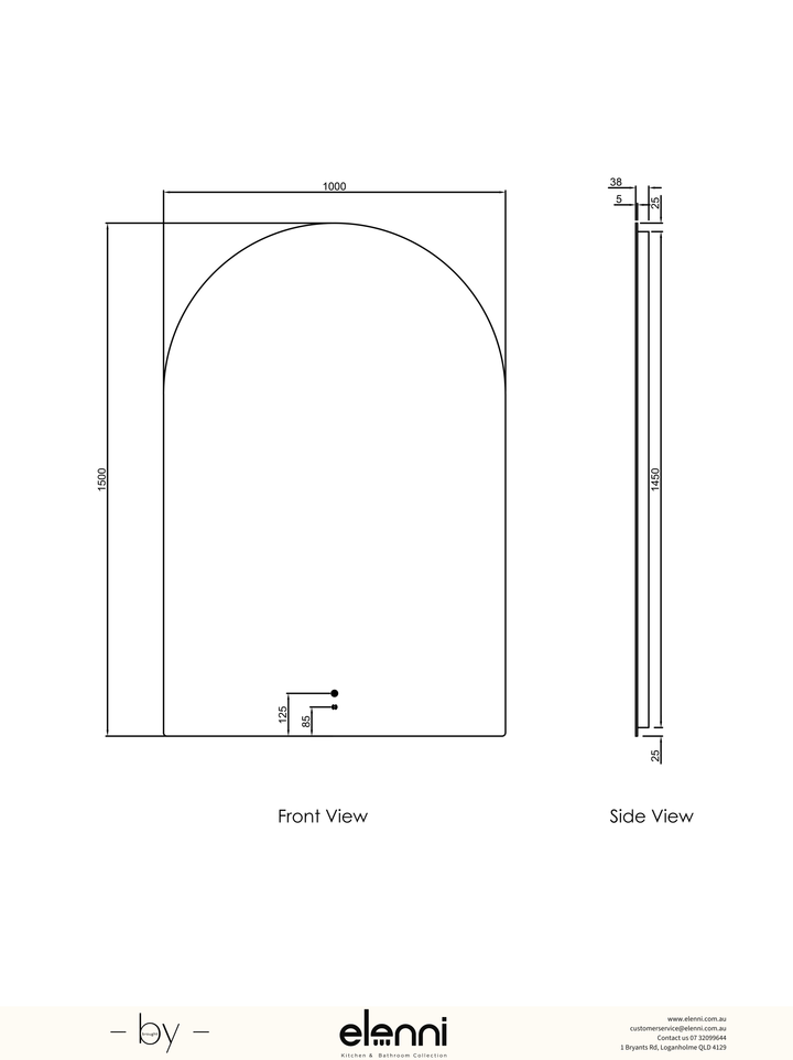 LED Archie 1500(H)x1000(W) Frameless Mirror Elenni specification sheet