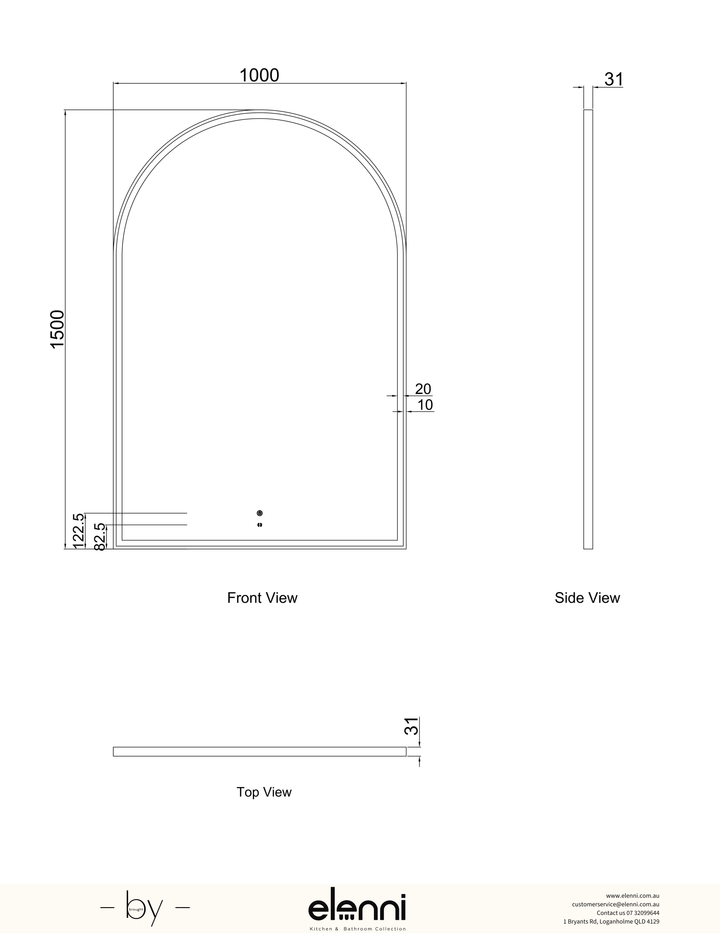 LED Archie 1500(H)x1000(W) White Metal Frame Mirror Elenni specification sheet