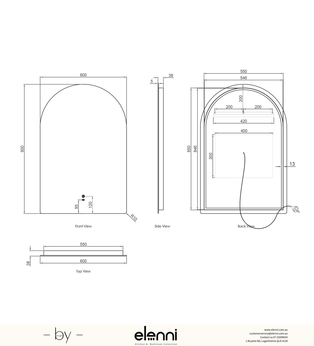 LED Archie 900(H)x600(W) Frameless Tuffi Mirror Elenni specification sheet