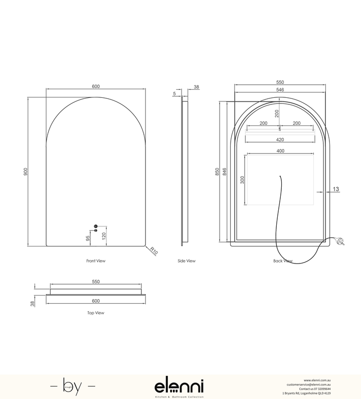 LED Archie 900(H)x600(W) Frameless Tuffi Mirror Elenni specification sheet