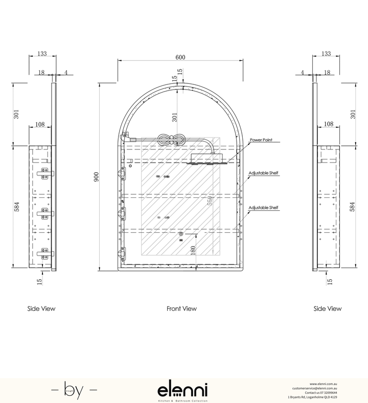 LED Archie 900x600 Sable Walnut Shaving Cabinet Premium Edition Elenni specification sheet