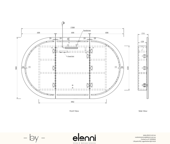 LED Bondi 1500(W)x900(H) Black Oak Shaving Cabinet Premium Edition Elenni specification sheet