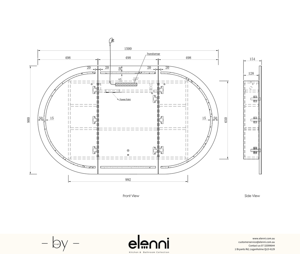 LED Bondi 1500(W)x900(H) White Shaving Cabinet Premium Edition Elenni specification sheet