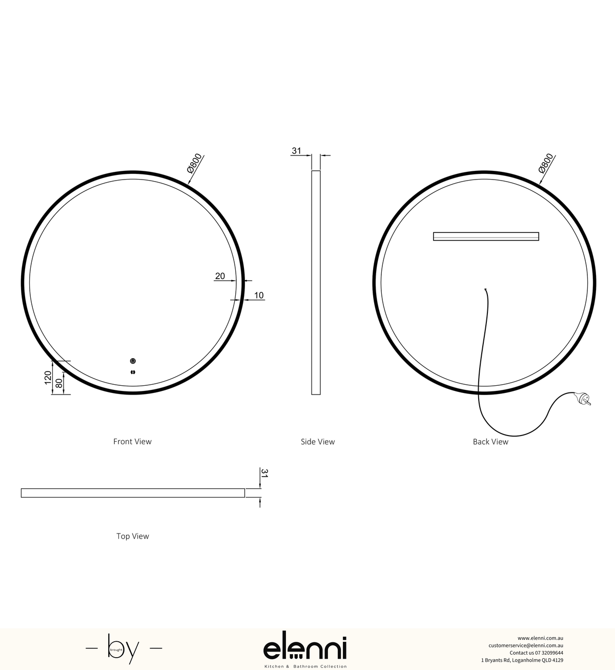 LED Bondi 800mm Gold Metal Frame Tuffi Mirror Elenni specification sheet