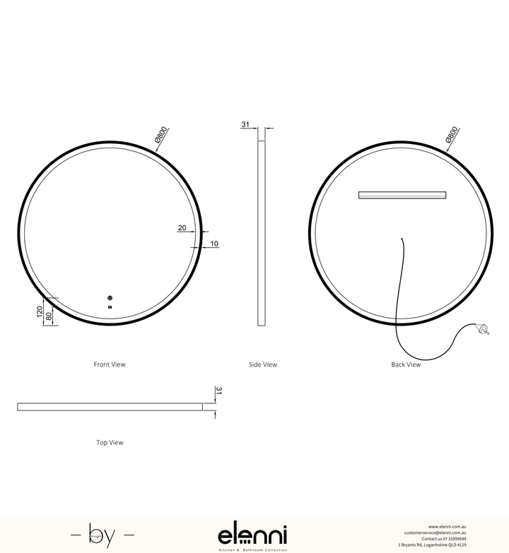 LED Bondi 800mm Gold Metal Frame Tuffi Mirror Elenni specification sheet