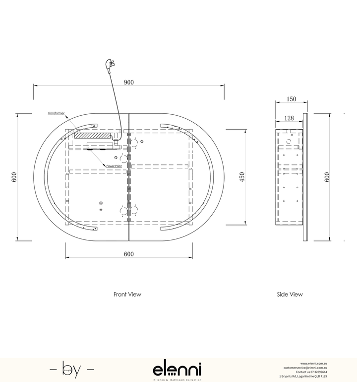 LED Bondi 900(W)x600(H) Woodland Oak Shaving Cabinet Premium Edition Elenni specification sheet