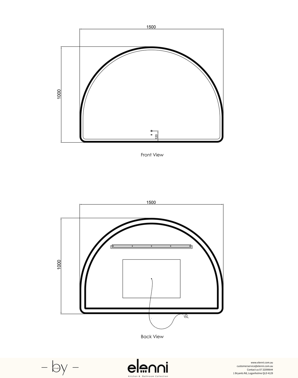 LED Moonlight Archie 1000(H)x1500(W) Black Metal Frame Mirror Elenni specification sheet