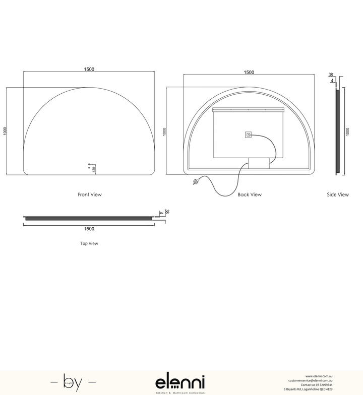 LED Moonlight Archie 1000(H)x1500(W) Frameless Tuffi Mirror Elenni specification sheet