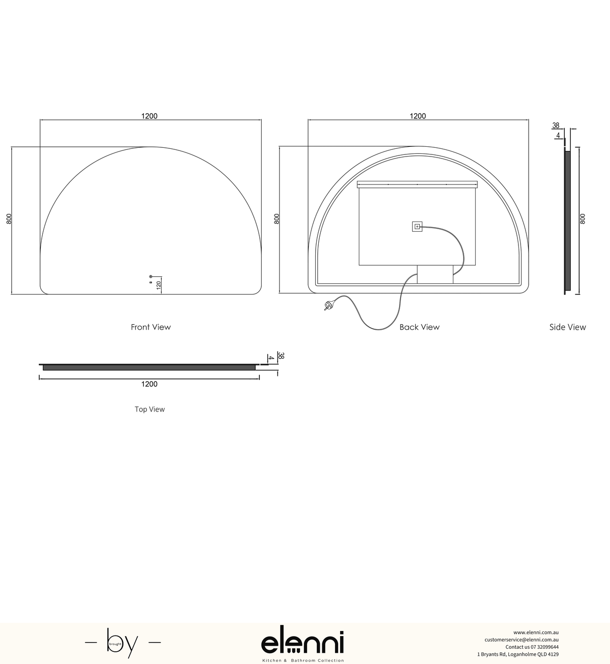 LED Moonlight Archie 800(H)x1200(W) Frameless Tuffi Mirror Elenni specification sheet