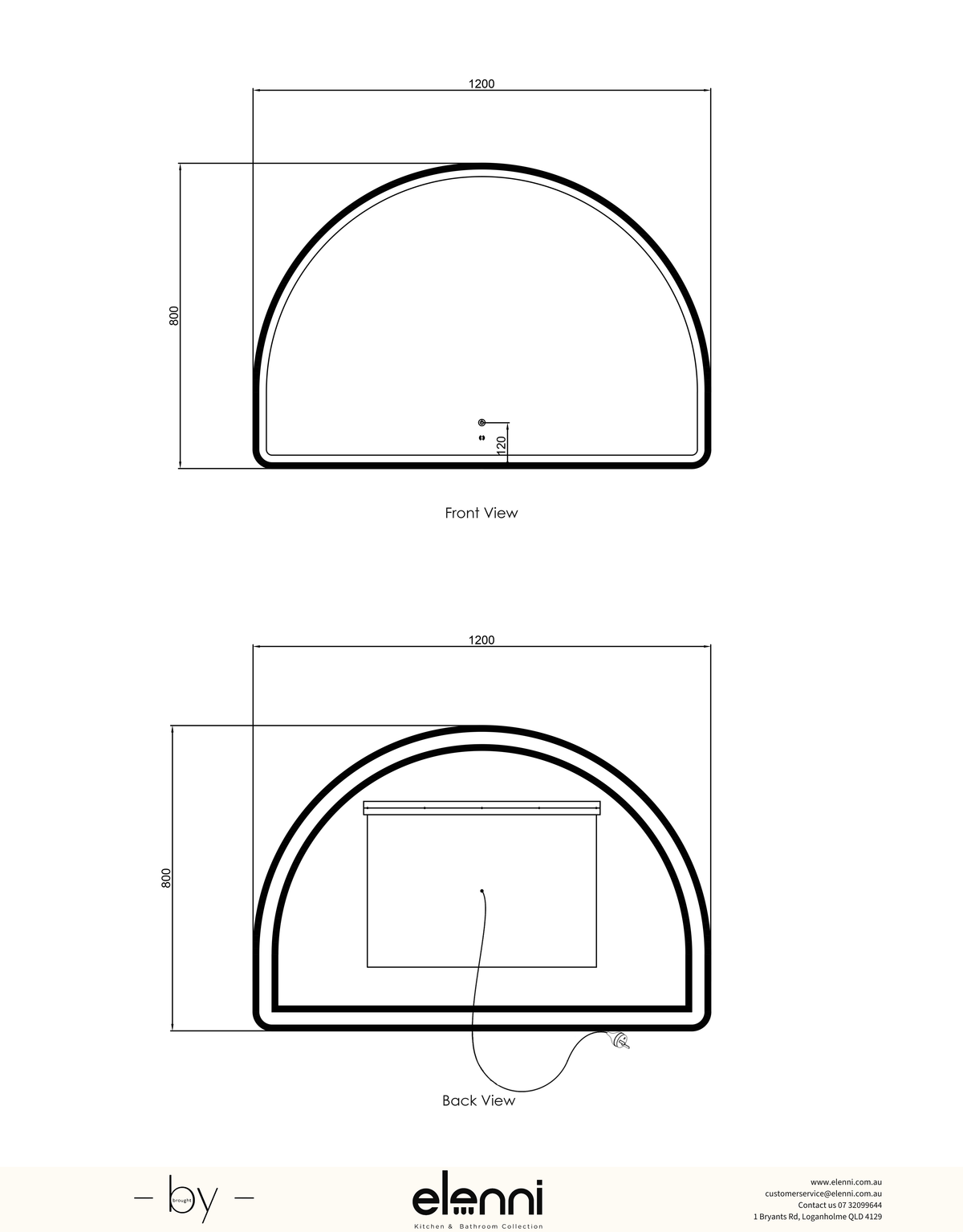 LED Moonlight Archie 800(H)x1200(W) Gold Metal Frame Mirror Elenni specification sheet