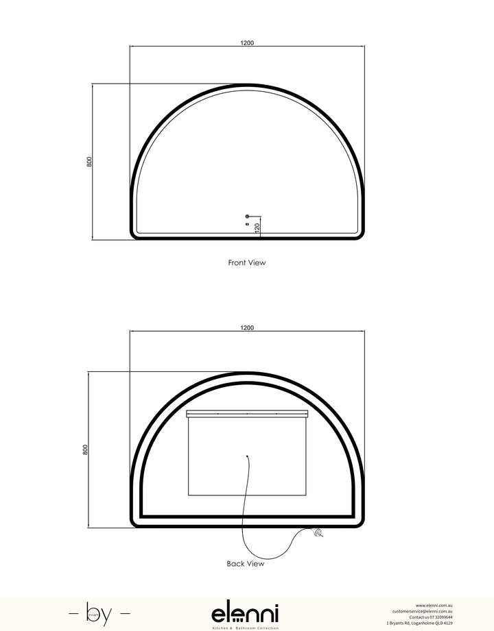 LED Moonlight Archie 800(H)x1200(W) White Metal Frame Mirror Elenni specification sheet