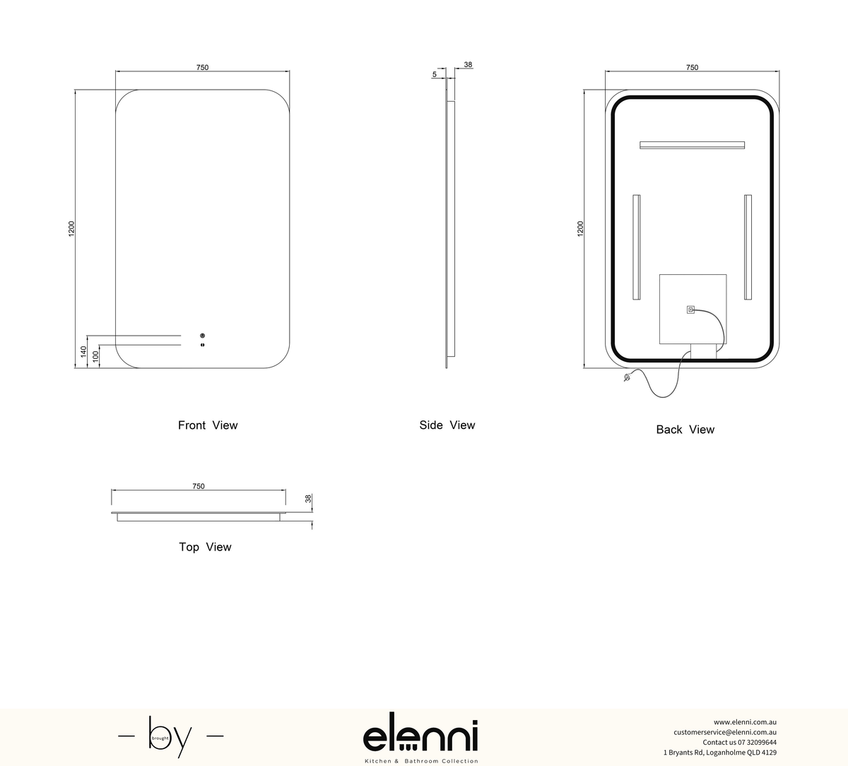 LED Newport 1200(W)x750(H) Frameless Back Lit Tuffi Mirror, Install Horizontal or Vertical Elenni specification sheet