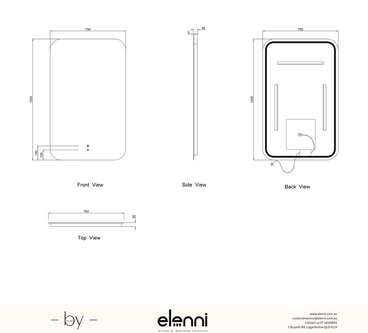 LED Newport 1200(W)x750(H) Frameless Back Lit Tuffi Mirror, Install Horizontal or Vertical Elenni specification sheet