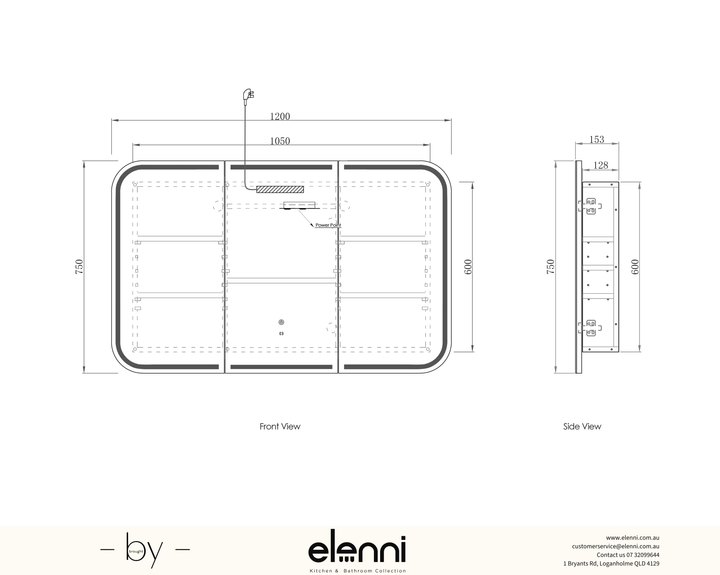 LED Newport 1200(W)x750(H) Sable Walnut Shaving Cabinet Premium Edition Elenni specification sheet