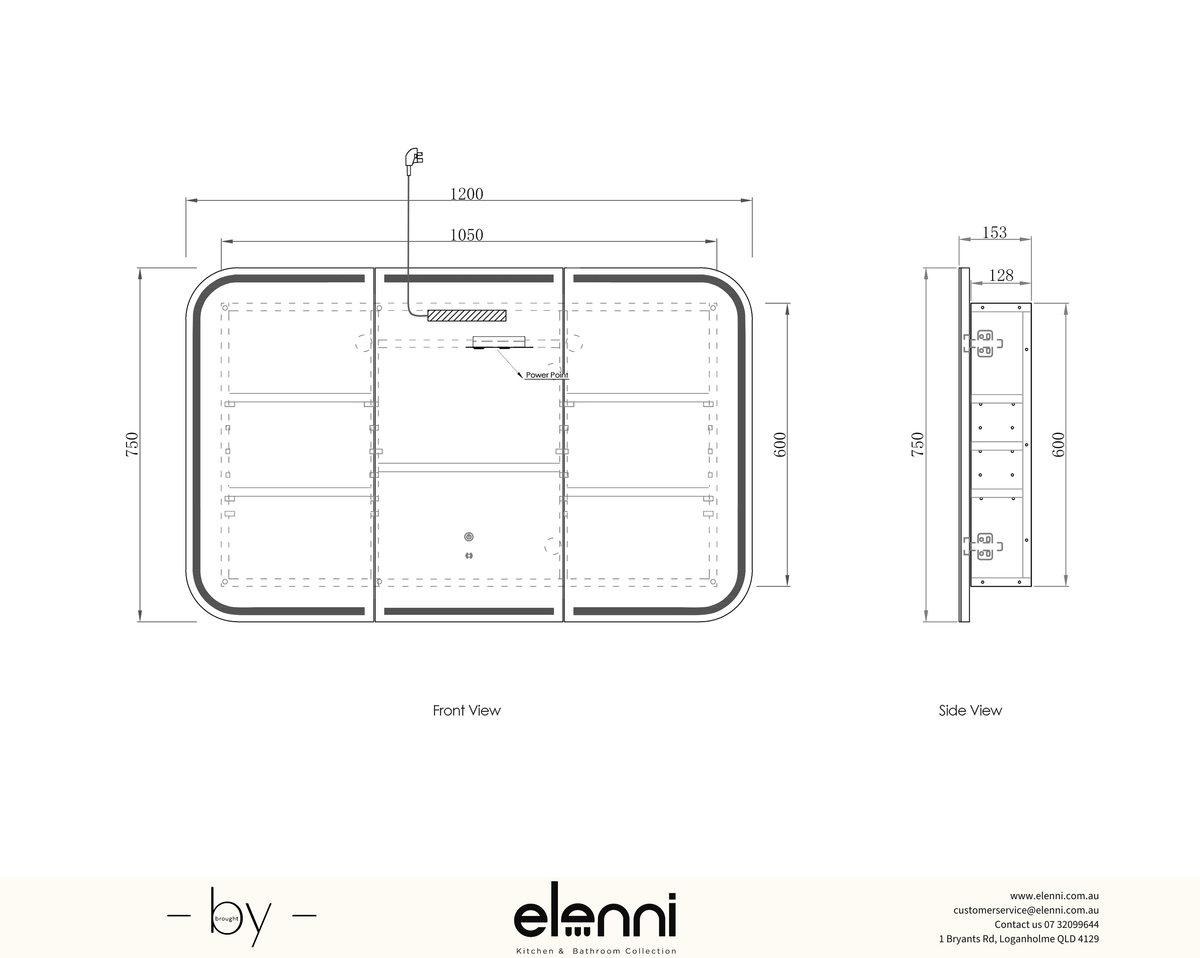 LED Newport 1200(W)x750(H) Woodland Oak Shaving Cabinet Premium Edition Elenni specification sheet