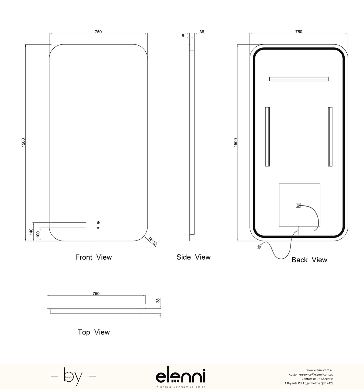 LED Newport 1500(W)x750(H) Frameless Back Lit Tuffi Mirror, Install Horizontal or Vertical Elenni specification sheet