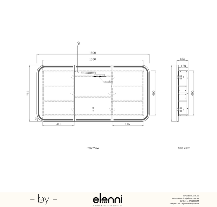 LED Newport 1500(W)x750(H) Sable Walnut Shaving Cabinet Premium Edition Elenni specification sheet
