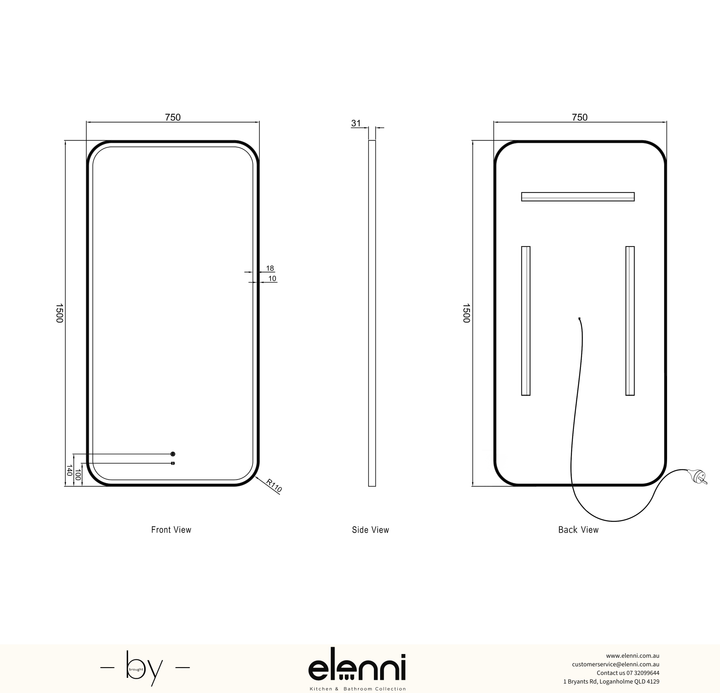 LED Newport 1500(W)x750(H) White Metal Frame Mirror, Install Horizontal or Vertical Elenni specification sheet