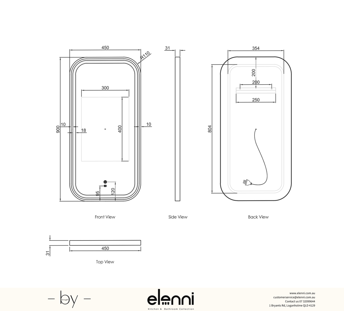 LED Newport 900(H)x450(W) White Metal Frame Tuffi Mirror Elenni specification sheet