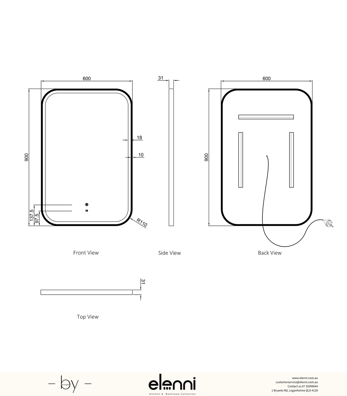 LED Newport 900(H)x600(W) Black Metal Frame Tuffi Mirror, Install Horizontal or Vertical Elenni specification sheet
