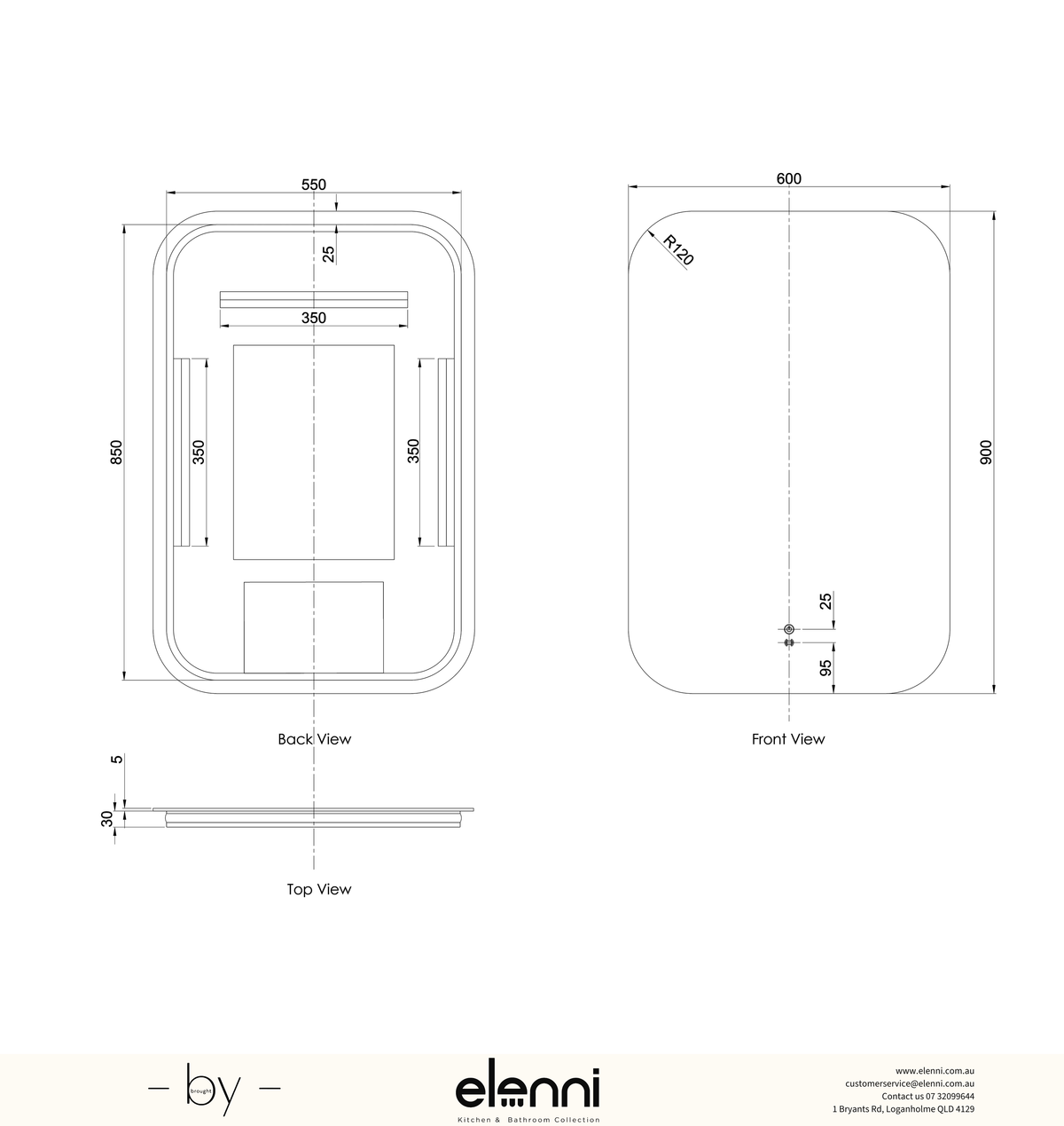 LED Newport 900(H)x600(W) Frameless Back Lit Tuffi Mirror, Install Horizontal or Vertical Elenni specification sheet