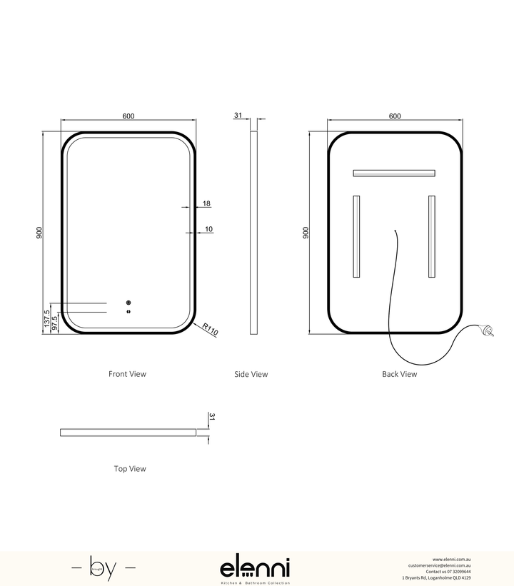 LED Newport 900(H)x600(W) Gold Metal Frame Tuffi Mirror, Install Horizontal or Vertical Elenni specification sheet