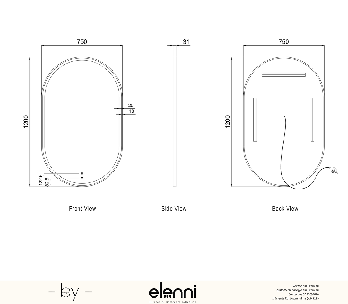 LED Noosa 1200(W)x750(H) White Metal Frame Mirror- Install Horizontal or Vertical - Elenni specification drawing