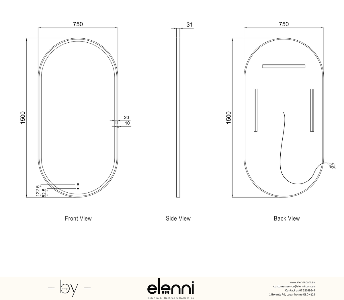 LED Noosa 1500(W)x750(H) Black Metal Frame Tuffi Mirror, Install Horizontal or Vertical Elenni specification drawing