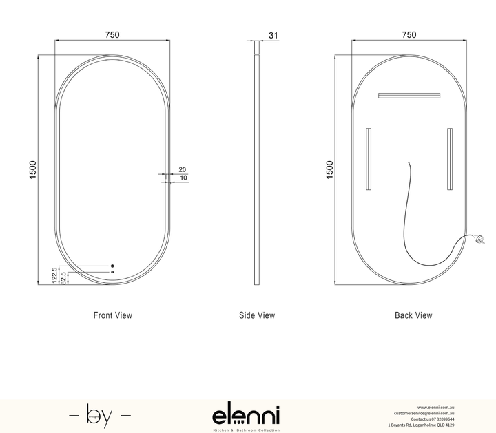 LED Noosa 1500(W)x750(H) White Metal Frame Tuffi Mirror, Install Horizontal or Vertical Elenni specification drawing