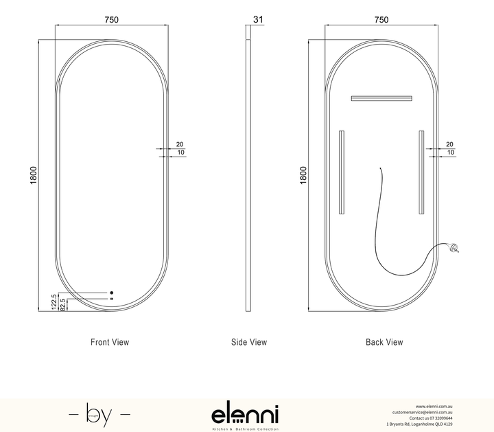 LED Noosa 1800(W)x750(H) Black Metal Frame Mirror, Install Horizontal or Vertical Elenni specification sheet