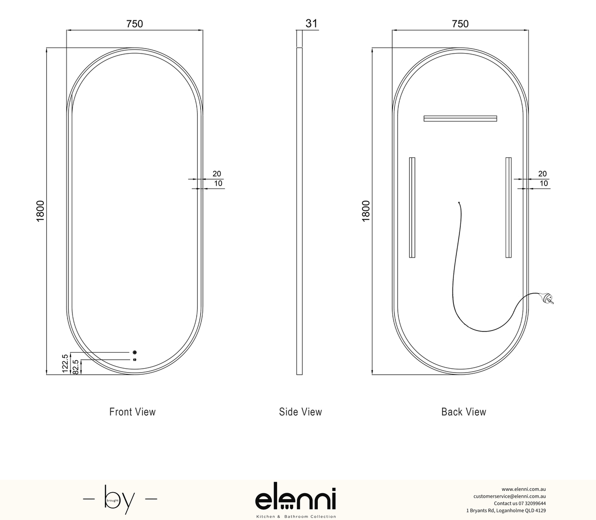 LED Noosa 1800(W)x750(H) Gold Metal Frame Mirror, Install Horizontal or Vertical Elenni specification sheet