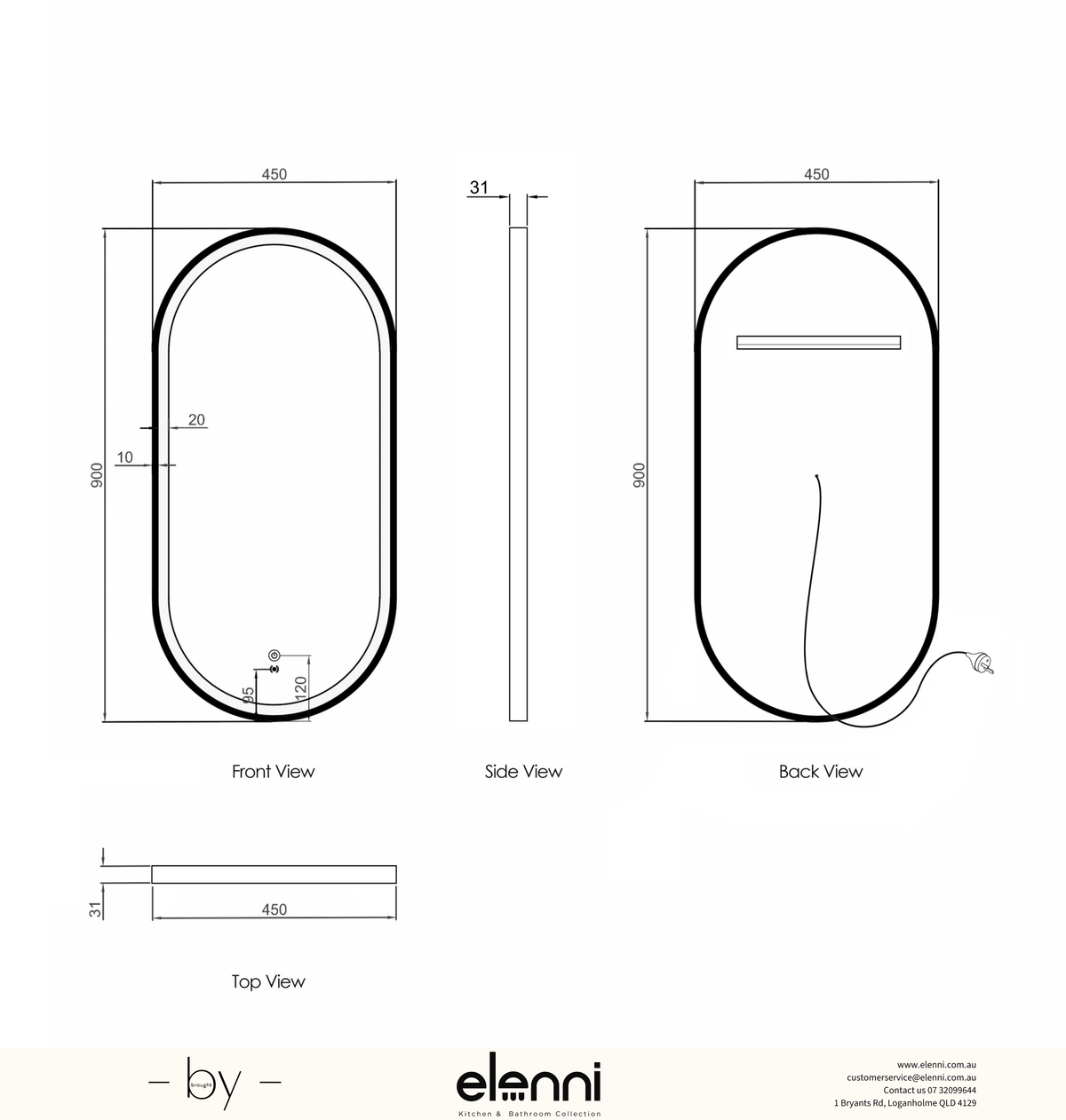 LED Noosa 900(H)x450(W) White Metal Frame Tuffi Mirror - Elenni specification sheet