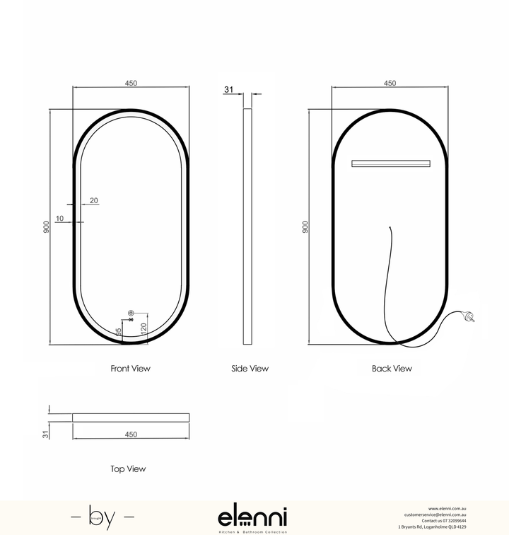 LED Noosa 900(H)x450(W) White Metal Frame Tuffi Mirror - Elenni specification sheet