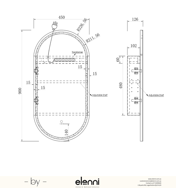 LED Noosa 900(H)x450(W) Woodland Oak Shaving Cabinet Premium Edition Elenni specification sheet