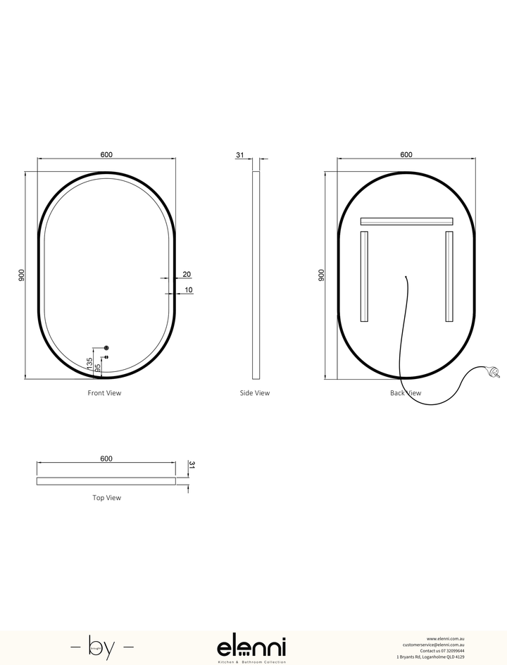 LED Noosa 900(H)x600(W) Gold Metal Frame Tuffi Mirror, Install Horizontal or Vertical Elenni specification sheet
