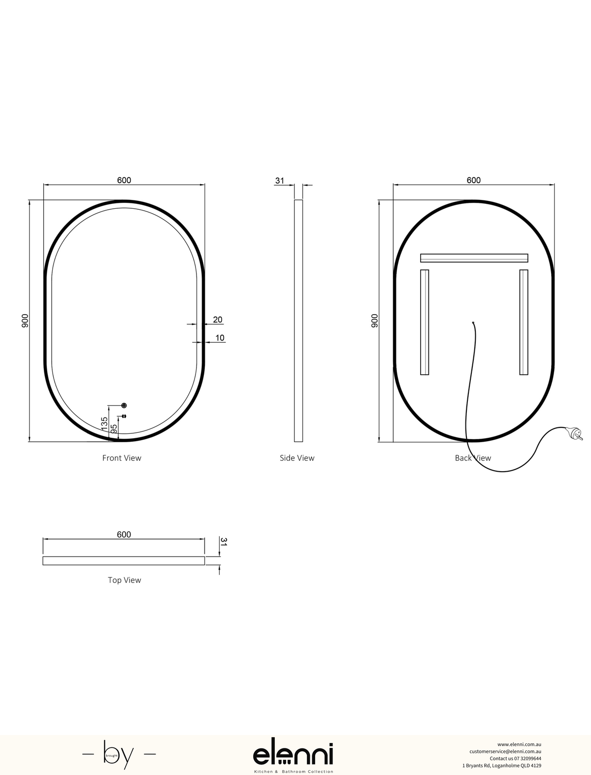 LED Noosa 900(H)x600(W) White Metal Frame Tuffi Mirror- Install Horizontal or Vertical - Elenni specification drawing