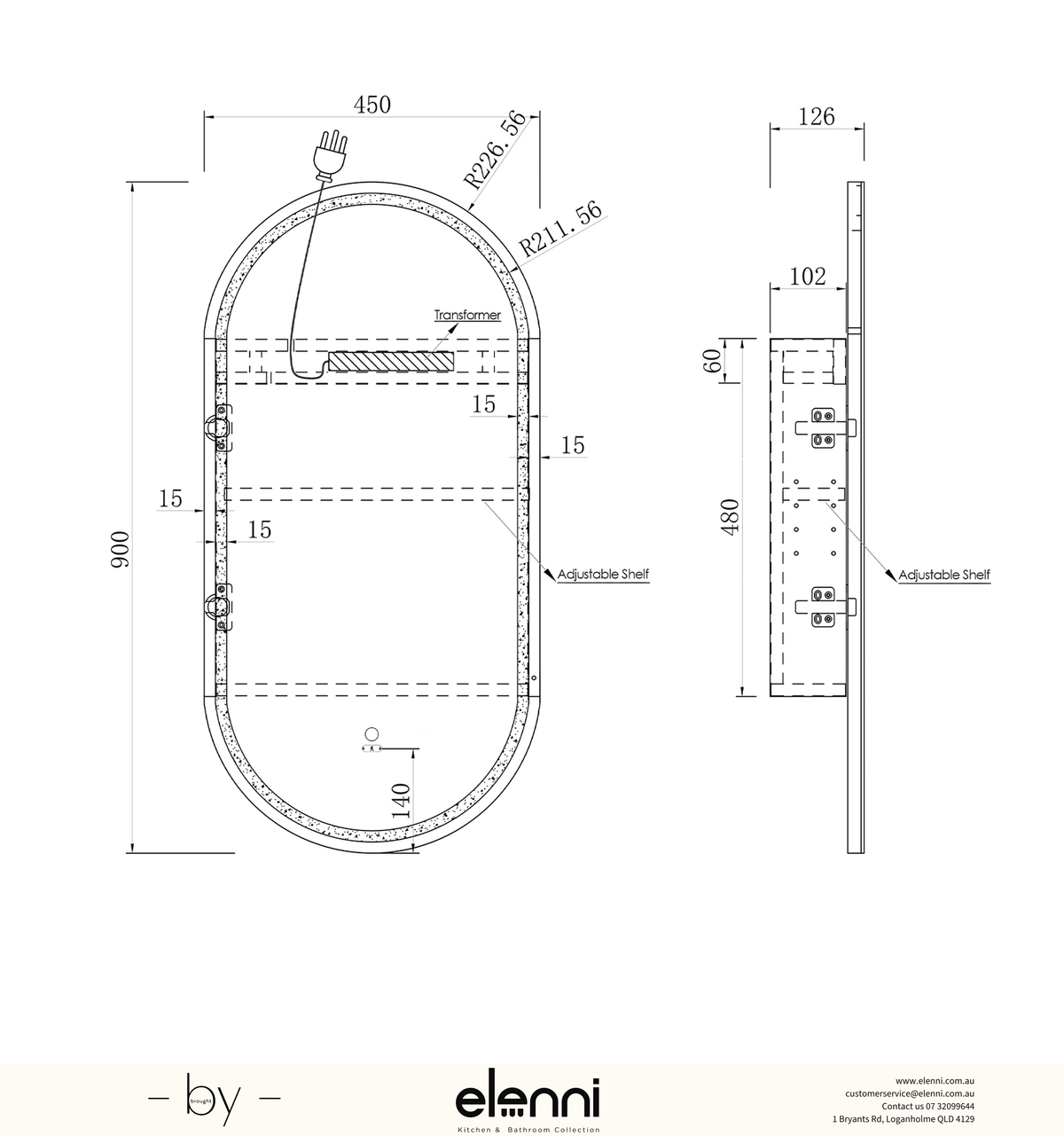 LED Noosa 900x450 Sable Walnut Shaving Cabinet Premium Edition Elenni specification sheet