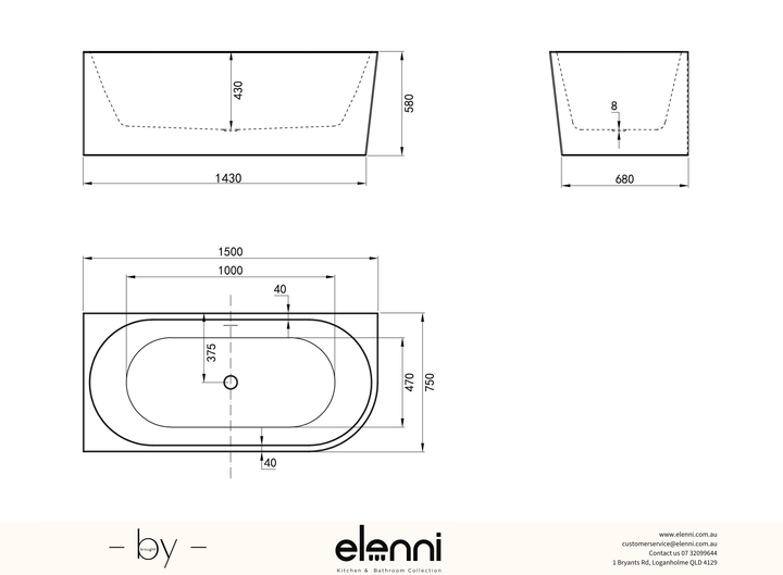 Left Corner 1500 Gloss White Bath with Overflow - Elenni specification drawing