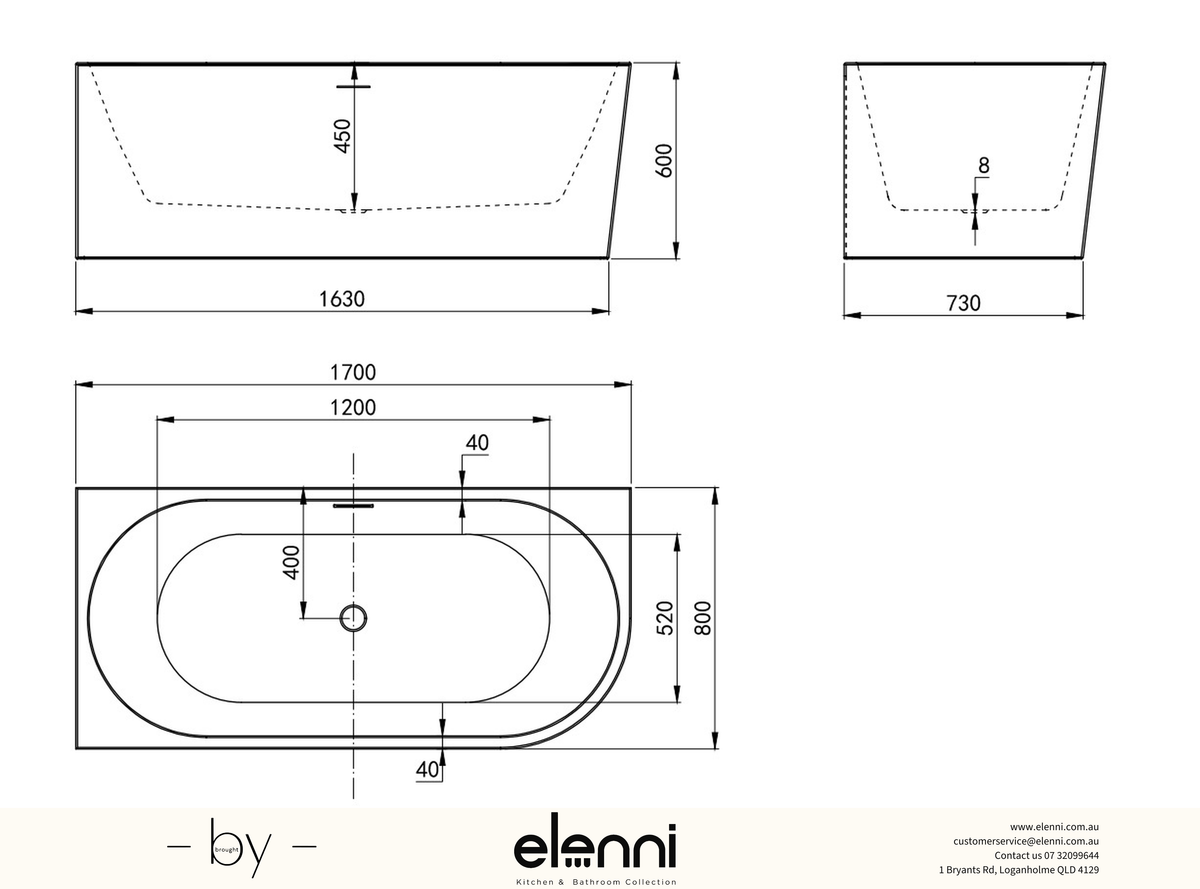Left Corner 1700 Gloss White Bath with Overflow - Elenni specification drawing