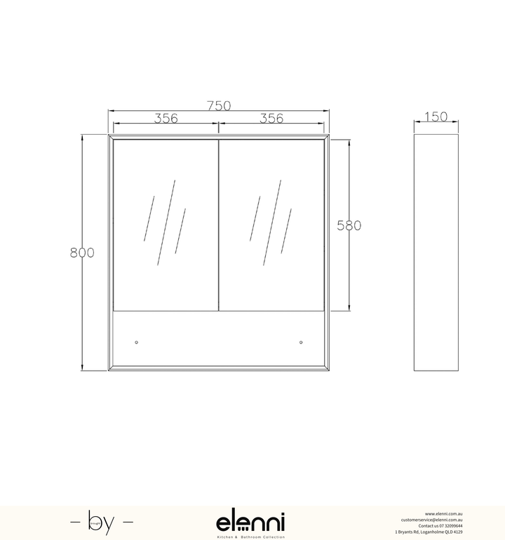 Marlo 750x800 Matte Black Shaving Cabinet Elenni specification drawing