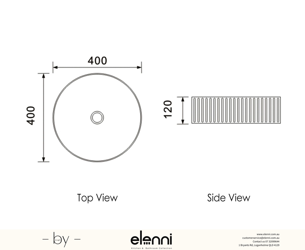 Marlo Round 400x400x120 Matte White Fluted Basin - Elenni specification drawing
