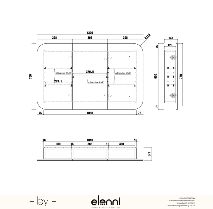 Newport 1200x750 White Shaving Cabinet Elenni specification sheet