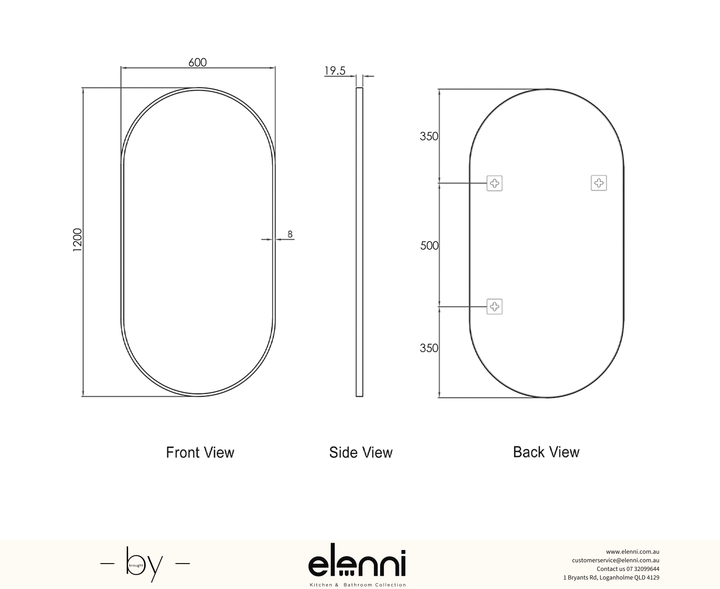 Noosa 1200(W)x600(H) Black Metal Frame Tuffi Mirror, Install Horizontal or Vertical Elenni specification drawing