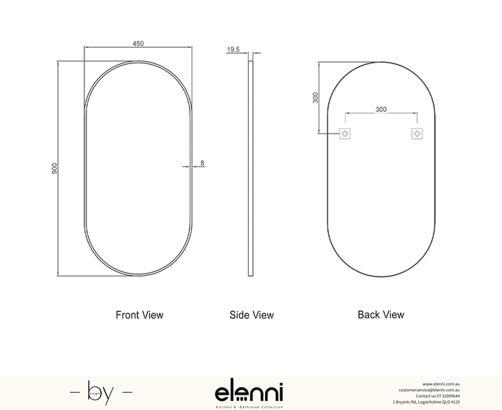 Noosa 900(H)x450(W) Black Metal Frame Tuffi Mirror Elenni specification sheet