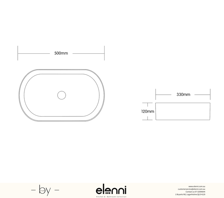 Quay Oval 500x330x120 Matte Carrara Basin - Elenni specification drawing