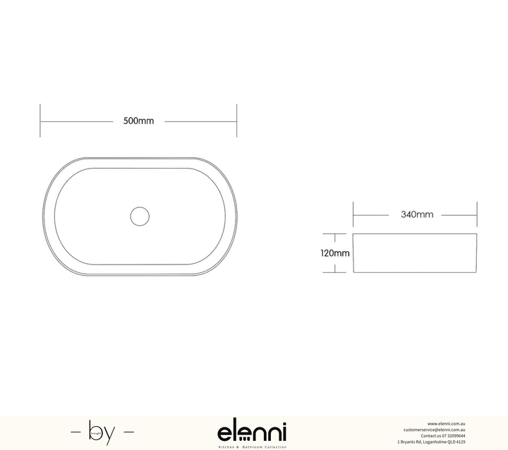 Quay Oval 500x340x120 Carbon Grey Basin - Elenni specification drawing