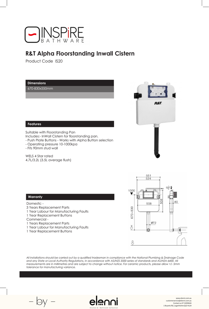 R&amp;T Alpha Inwall Floorstanding Cistern - Elenni specification drawing