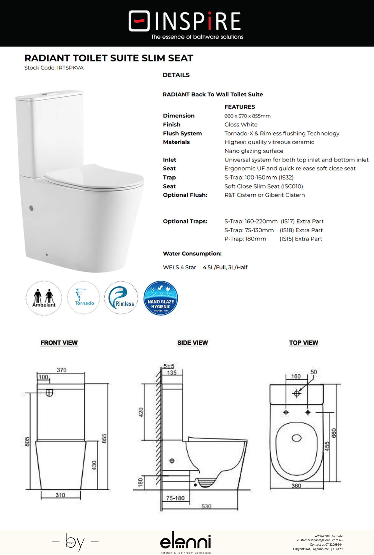 Radiant Back to Wall Toilet Suite with Slim Seat, Gloss White - Elenni specification drawing
