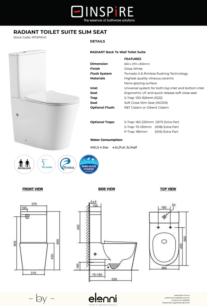 Radiant Back to Wall Toilet Suite with Slim Seat, Gloss White - Elenni specification drawing