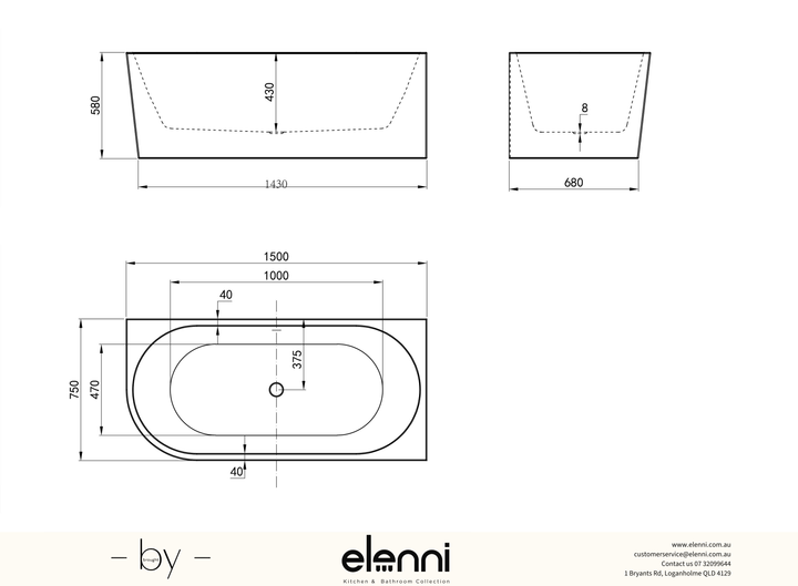 Right Corner 1500 Gloss White Bath with Overflow - Elenni specification drawing